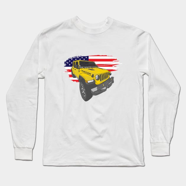 Jeep Wrangler with American Flag - Yellow Long Sleeve T-Shirt by 4x4 Sketch